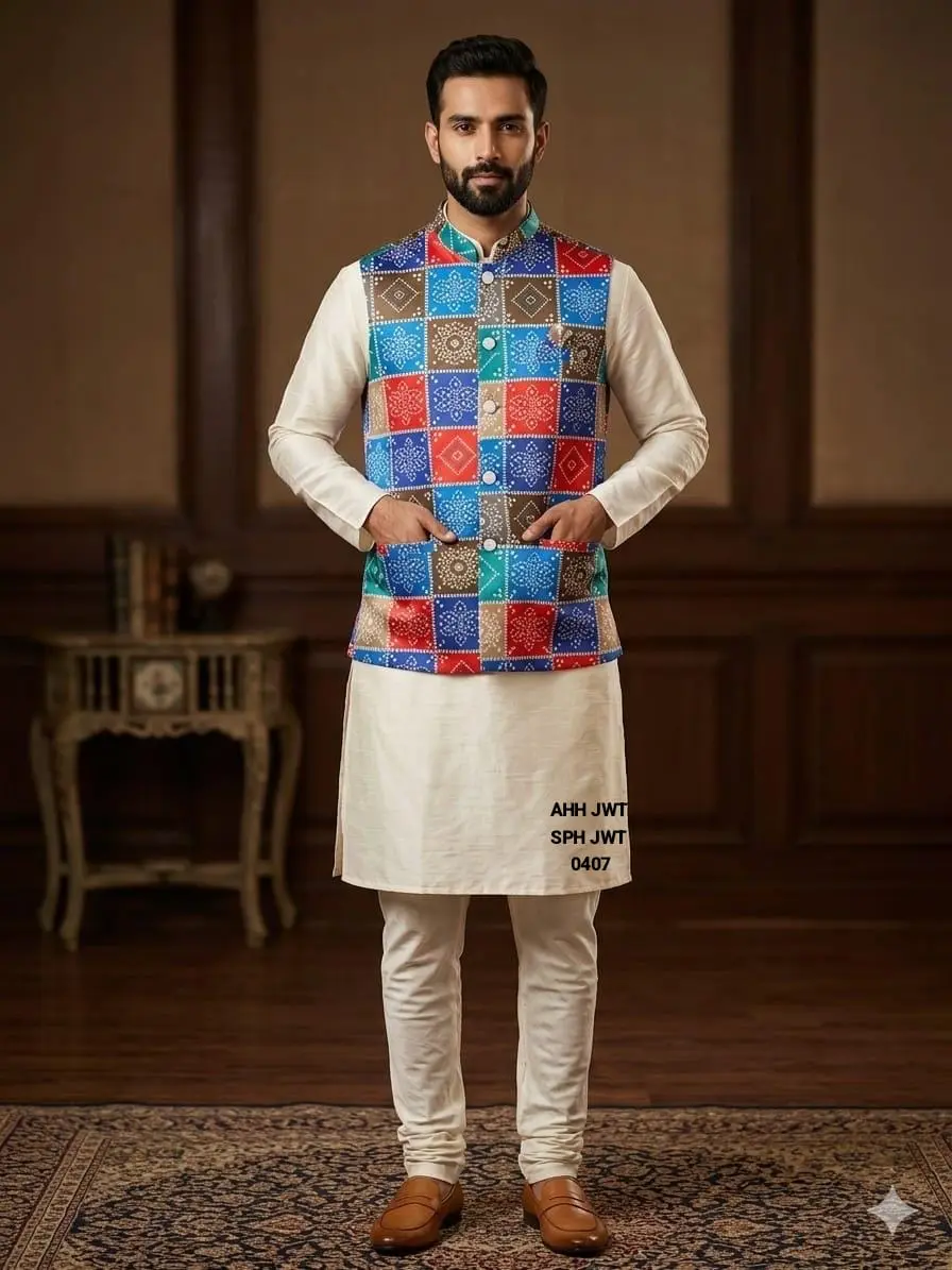 Men’s Multicolor Patchwork Ethnic Nehru Jacket Kurta Set